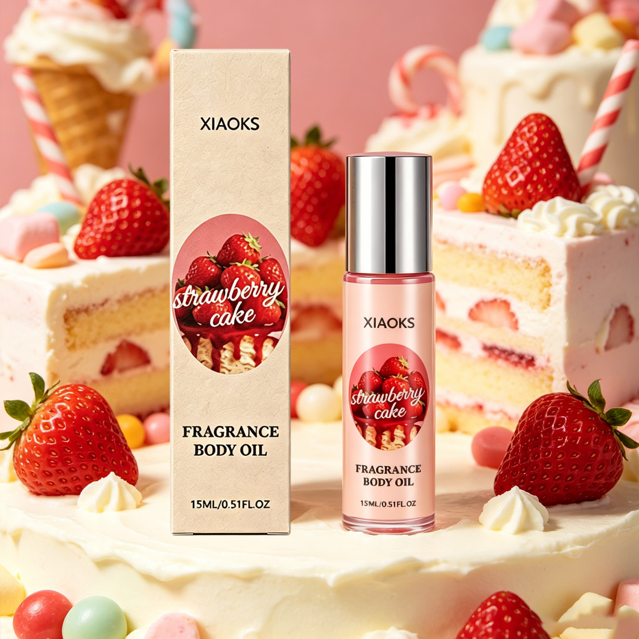 Perfume Fresh Fragrance - น้ำหอมโรลออนกลิ่นเค้กสตรอว์เบอร์รี 1 ขวด - น้ำหอมโรลออนกลิ่นดอกไม้ที่มีเสน่ห์ กลิ่นหอมหวานของเค้กสตรอว์เบอร์รี